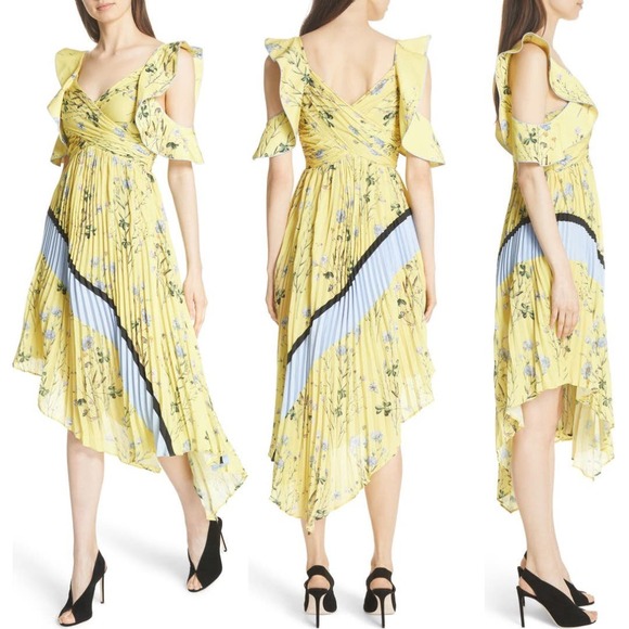 Self Portrait, NWT Yellow Floral Asymmetrical Midi Cocktail Dress, size 6 - Picture 3 of 16